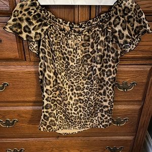 WHITE HOUSE BLACK MARKET NWT LEOPARD PRINT OFF THE SHOULDER SHORT SLEEVE BLOUSR